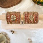 Kundan Bangles - Red And White Pearl( V -Model Jumbo kada) Set
