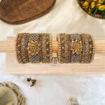 Kundan Bangles - Royal Blue And Golden ( V -Model Jumbo kada) Set