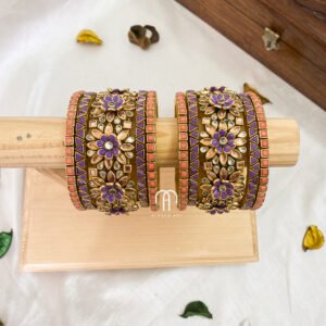 Kundan Bangles - Flower Simple Set (Peach  & Purple )