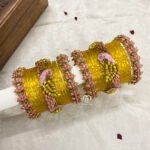 Kundan Bangles - Parrot & Lotus( Yellow and Baby pink)
