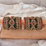 Kundan Bangles - 3D Blossom Statement with lotus Kada (Red And Green)