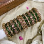 Kundan Bangles -Baby Pink And Green Flower Model