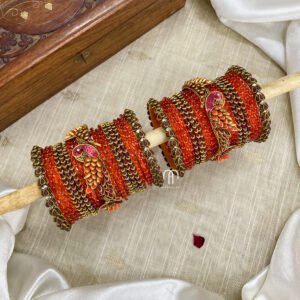 Kundan Bangles - Lotus & Parrot ( Orange And Brown )