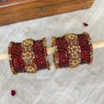 Kundan Bangles with glass bangles - Maroon And Golden