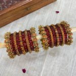 Kundan Bangles - Orange and Maroon Lotus kada set with glass bangles