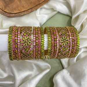 Kundan Bangles  -Baby Pink And Olive Green (V-model Jumbo kada) Set