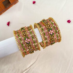 Flower Kada Simple Set - Green And Baby Pink