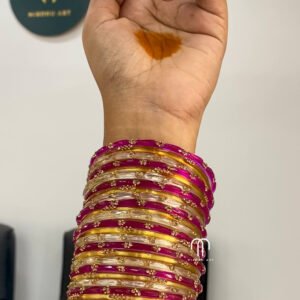 Glass Bangles - Plain Crystal - Rani Pink , Golden & White