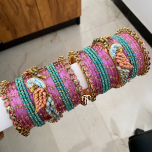 Kundan Bangles - Lotus & Parrot (Pastel Blue and Baby Pink)