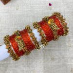 Kundan Bangles - Lotus & Parrot (Orange And Golden)