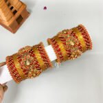 Kundan Bangles - 3D Blossom Statement Bangles ( Red & Golden )