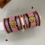 Kundan Bangles with glass bangles - Lilac And Golden