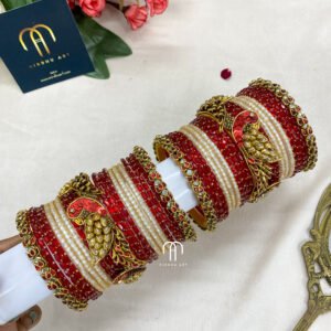 Kundan Bangles - Lotus & Parrot (Red And White)