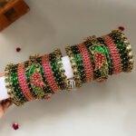 Kundan Bangles - Lotus & Parrot (Green And Rani Pink)