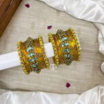 Kundan Bangles - Kids Kada Set (Yellow  And Sky Blue)
